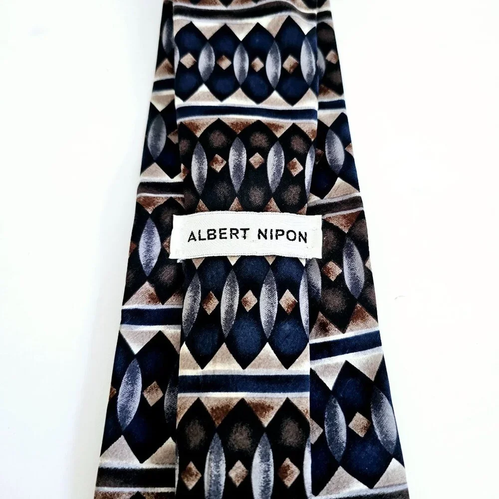 Vintage Albert Nipon Silk Necktie Geometric Diamond Navy Brown Tan Professional‎
